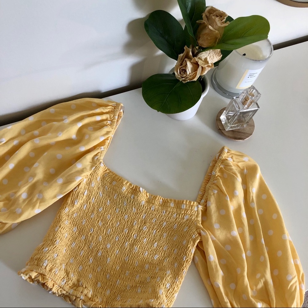 Yellow poplin crop top with white polka dots